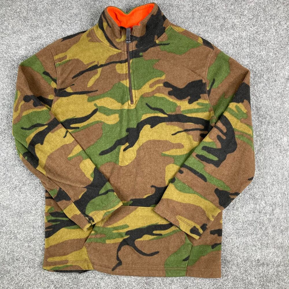 Camo Fleece Pullover Mens Size S Green Brown Quarter Zip Hunting Orange Lined